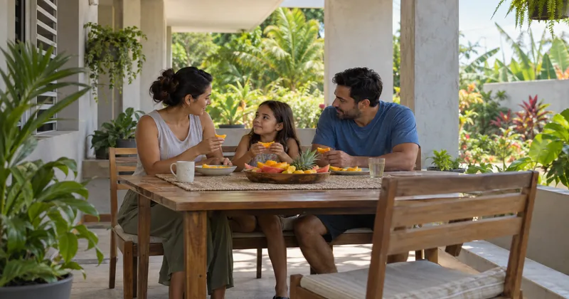 Familia compartiendo frutas en la terraza de su hogar.